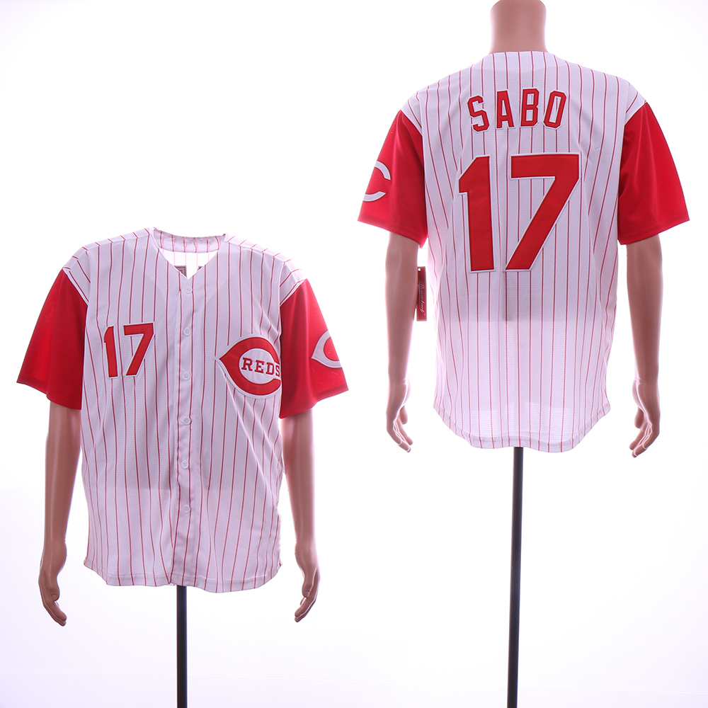 Men MLB Cincinnati Reds #17 Sabo white red with strips jerseys